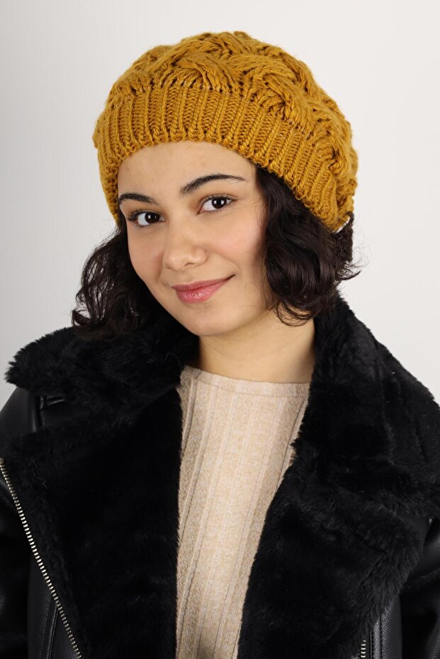 Kadın Kışlık Çift Kat Örme Hardal Bere - 1