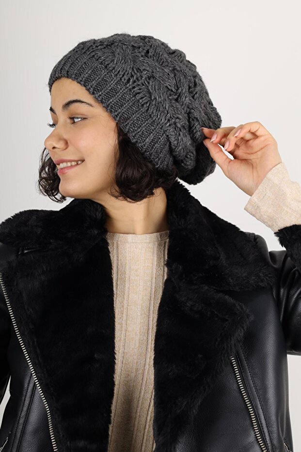 Kadın Kışlık Çift Kat Örme Antrasit Bere - 3