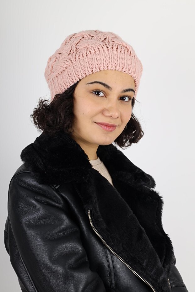 Kadın Kışlık Çift Kat Örme Pembe Bere - 1