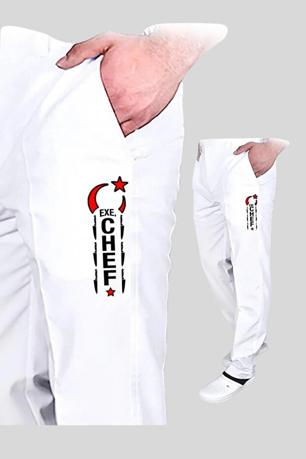 White Embroidered Cook Trousers - Piping Side Detail