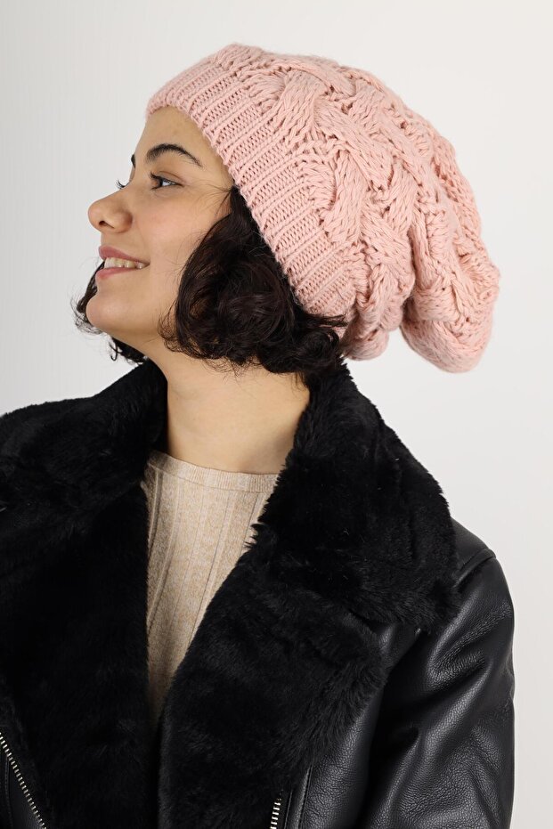 Kadın Kışlık Çift Kat Örme Pembe Bere - 5