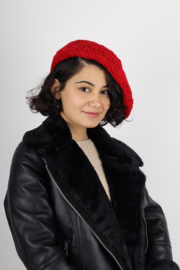 Double Layer Winter Painter Beret Red Knitted Wool - 3