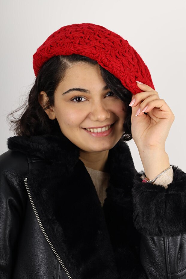 Double Layer Winter Painter Beret Red Knitted Wool - 4