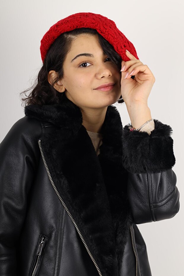 Double Layer Winter Painter Beret Red Knitted Wool - 5
