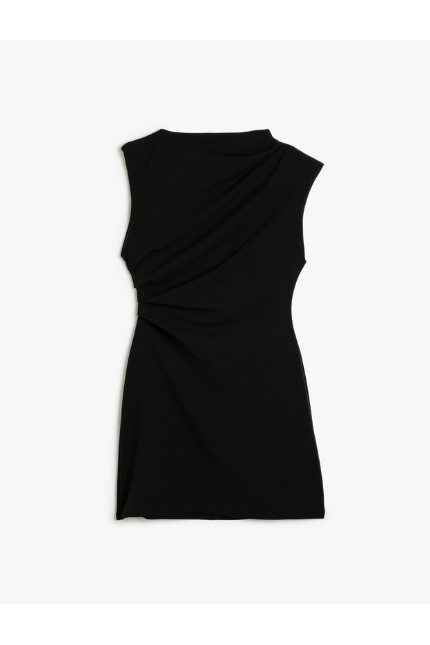 Crepe Scuba Fabric Draped Detail Upright Round Neck Sleeveless Mini Dress