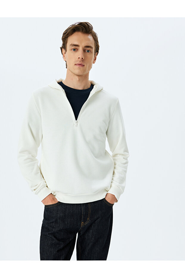Hooded Cotton Blended Raster Basic Half Zipper Sweatshirt