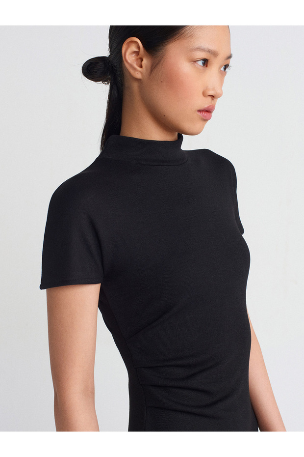 91297 Streç Örme Midi Elbise-Siyah - 4