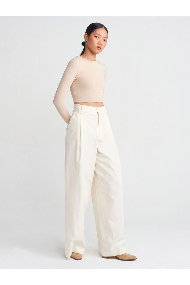 31236 Uzun Kollu Crop Top-Açık Bej - 4