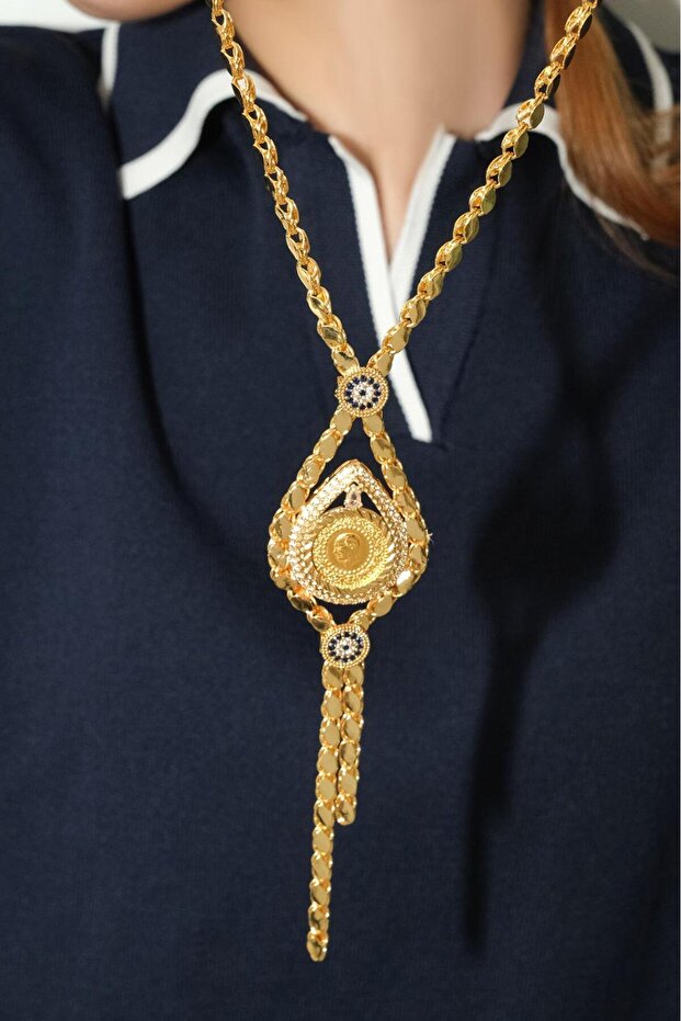 14 Ayar Çeyrekli Pullu Kolye - 4