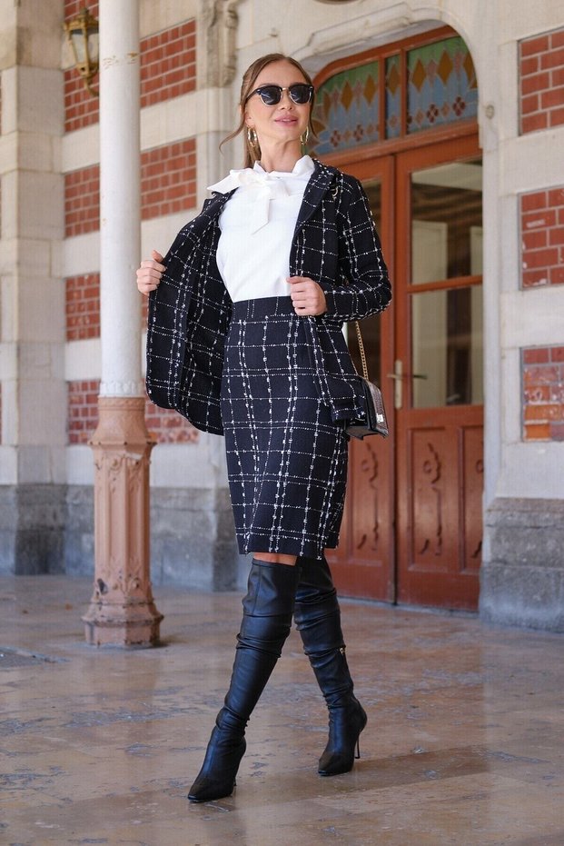 Black Tweed Button Detailed Long Jacket and Skirt Set 2 Pieces Set