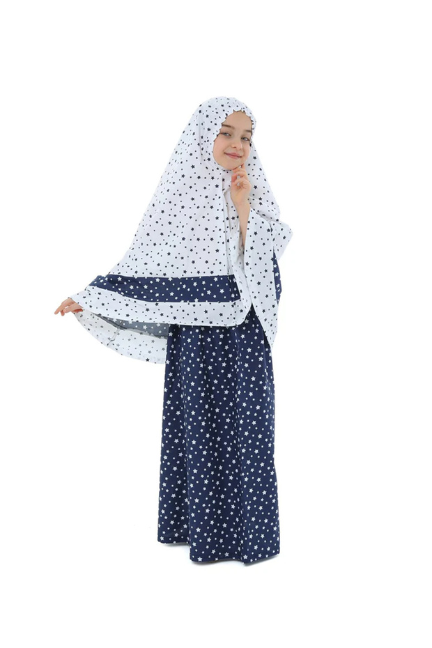 Girl's Prayer Dress, Navy Blue Color, Star Printed, Belt Patterned