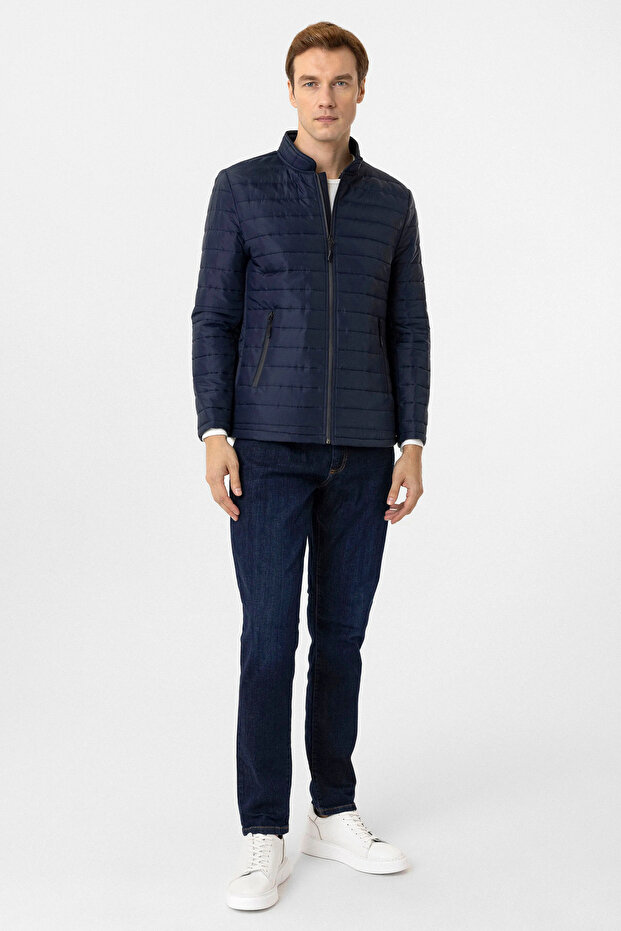 Slim Fit Rail Pattern Quilted Coat - 2