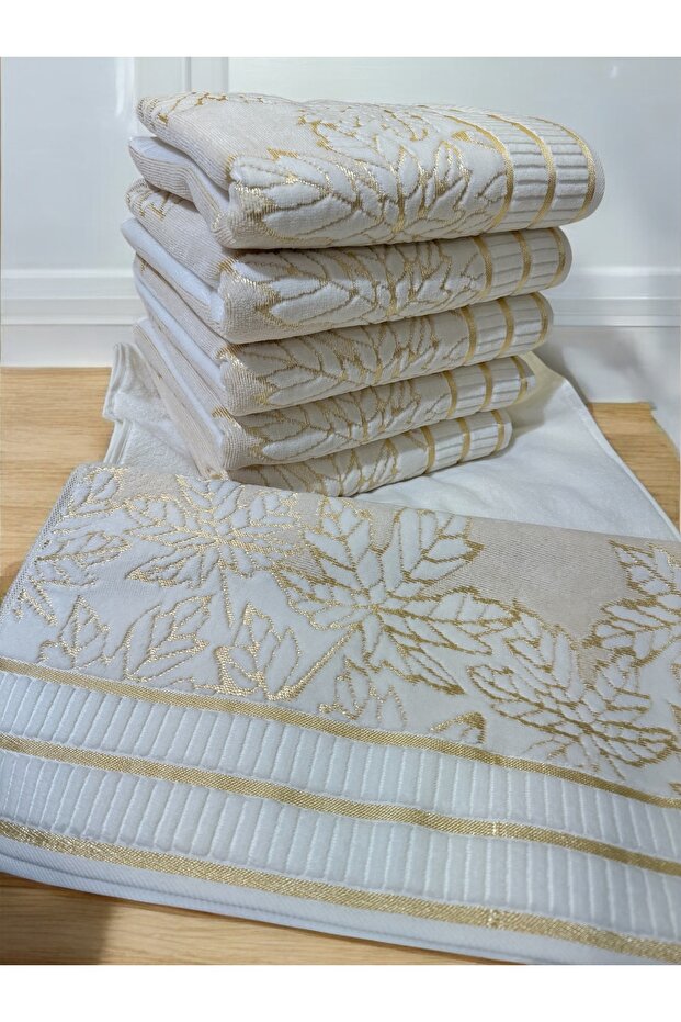 Set of 6 Çınar Embroidered Velvet Hand Towels 50X90Cm - Gold