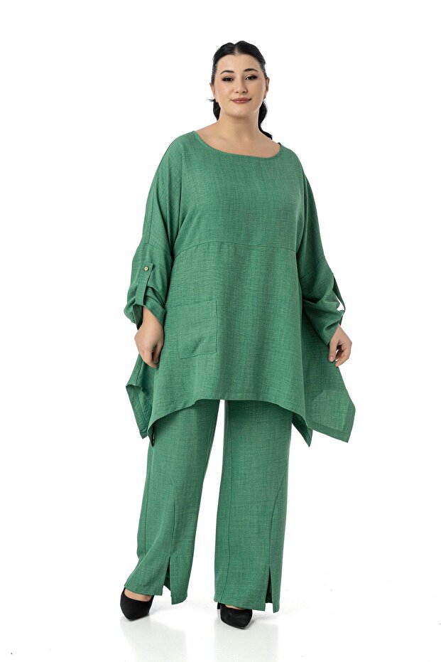 Plus Size Relaxed Fit Blouse Pants Green Double Set