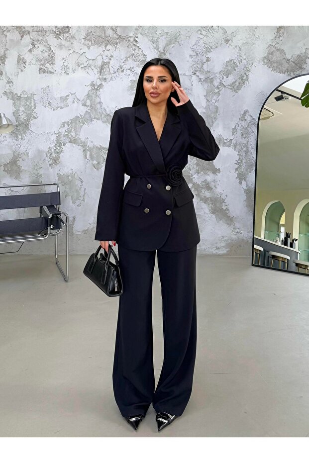 Women's Rose-Belted Palazzo Suit with Detailed Design
