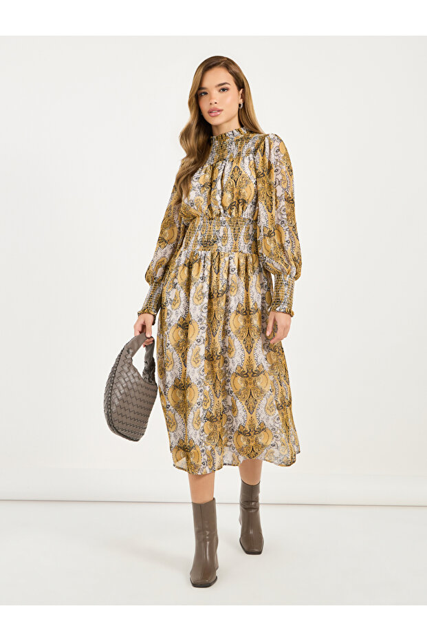 All Over Print Balloon Sleeves A-Line Midi Dress