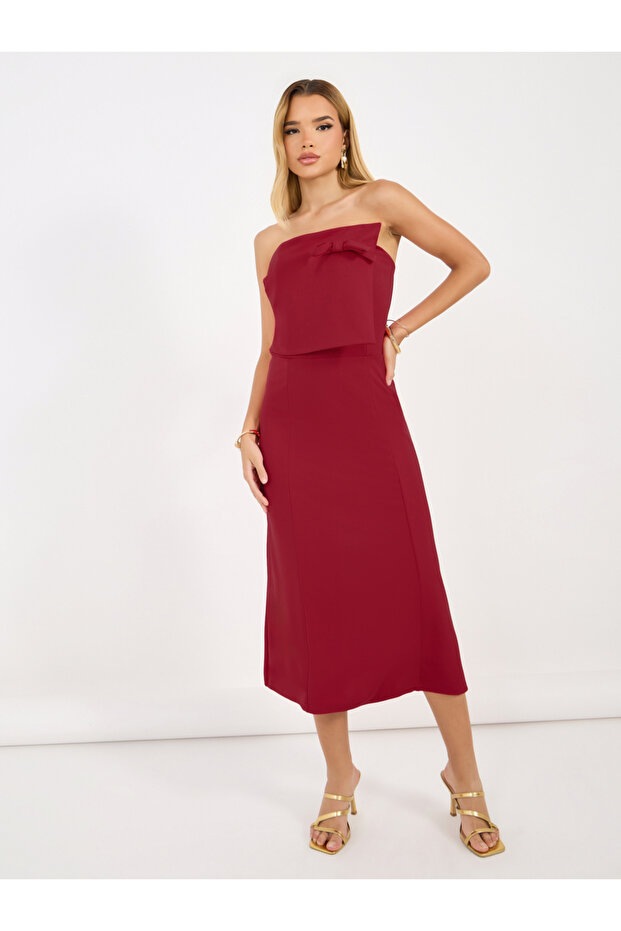 Bardot Neck A-Line Midi Dress with Bow Detail