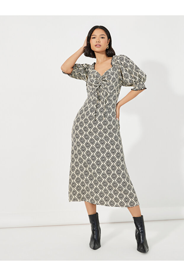 All Over Print Ruched Detail Midi Dress