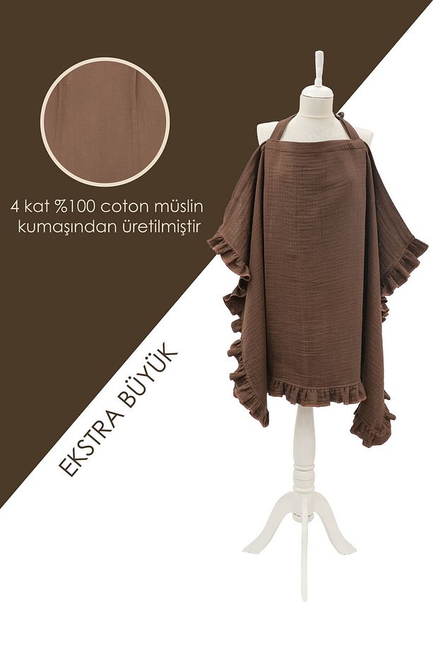 Müslin Bebek Emzirme Örtüsü/Önlüğü; Puset, Bebek arabası örtüsü, Extra Büyük, Ruffle Seri, Kahve - 2