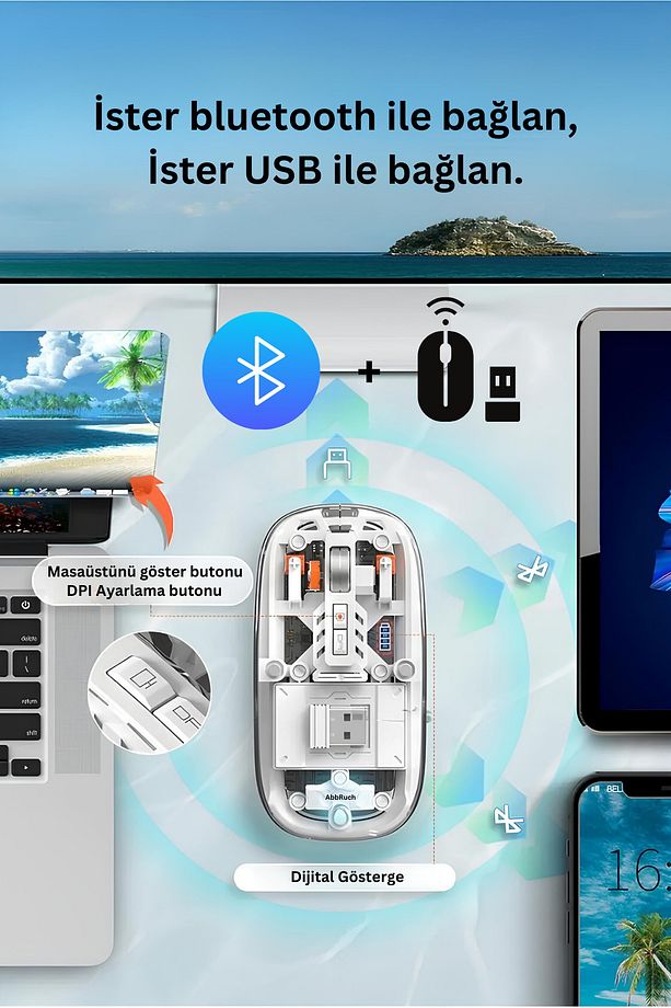 Kablosuz Fare Wireless Optik Mouse 5 Tuşlu Çift Modlu Usb 2.4g Sessiz Şarj Edilebilir Dpı Kontrol - 2