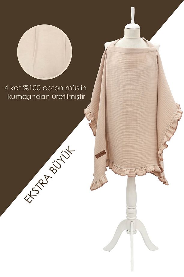 Müslin Bebek Emzirme Örtüsü/Önlüğü; Puset, Bebek arabası örtüsü, Extra Büyük, Ruffle Seri, Kapiçino - 2