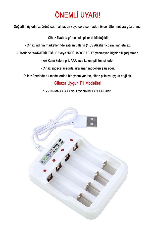 Pil Şarj Cihazı (DÖRT YUVALI) - 1.2v Ni-mh / Ni-cd Aa / Aaa / Gt-bc04 - 2