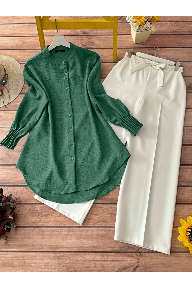 Sleeve Cuff Draped Oval Cut Shirt - Dark Green