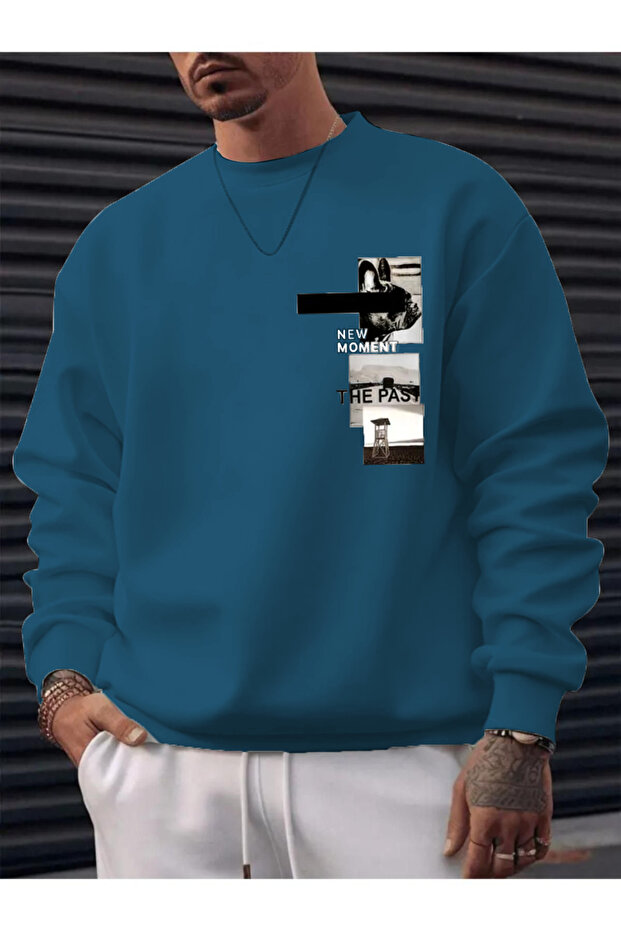 Men's Petrol New Moment the Post Printed Crew Neck Sweatshirt