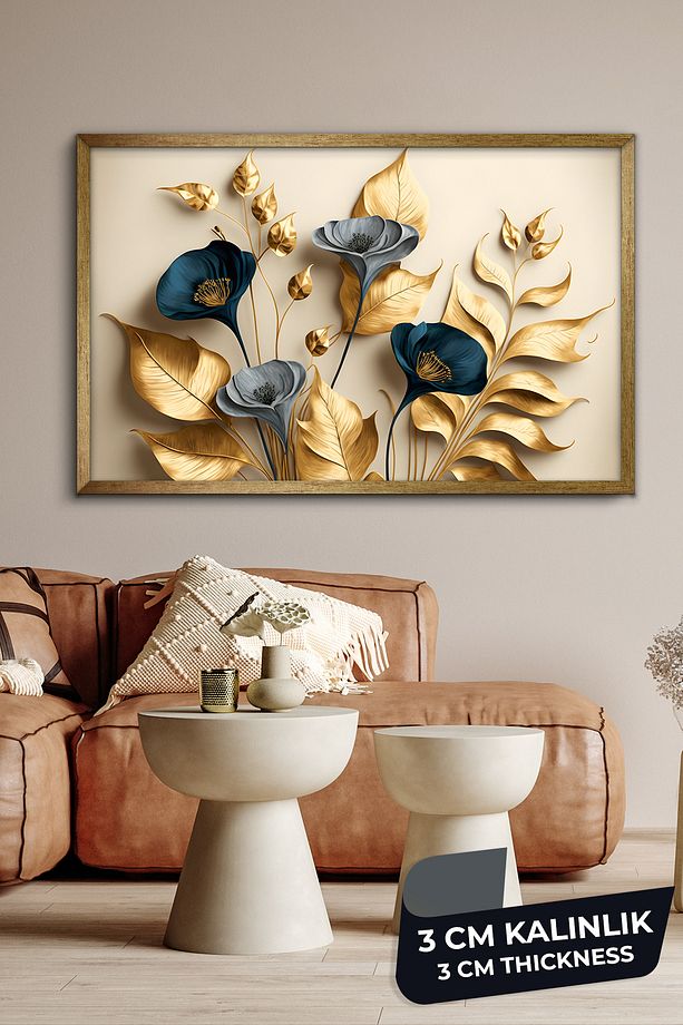 Zarif Altın ve Mavi Çiçekler ile Dallar Tek Parça Gold Çerçeveli Kanvas - Canvas Tablo - 1