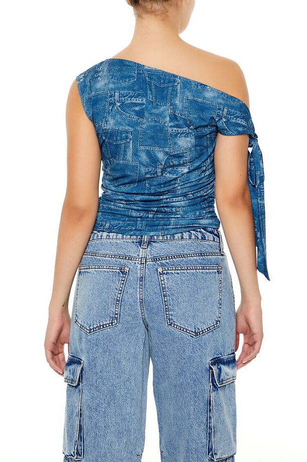 Denim Desenli Tek Omuzlu Bluz - 3
