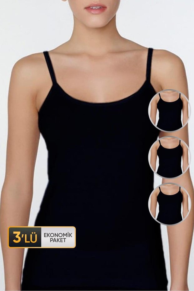 Women's Elasticated String Strap Black Undershirt 746 Economical Pack of 3