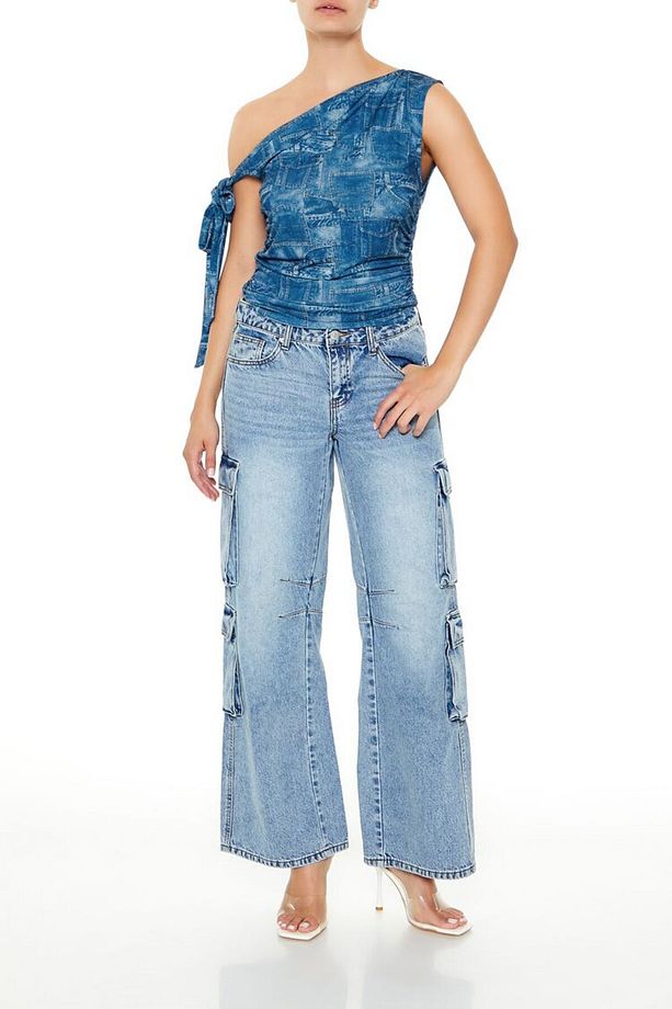 Denim Desenli Tek Omuzlu Bluz - 4