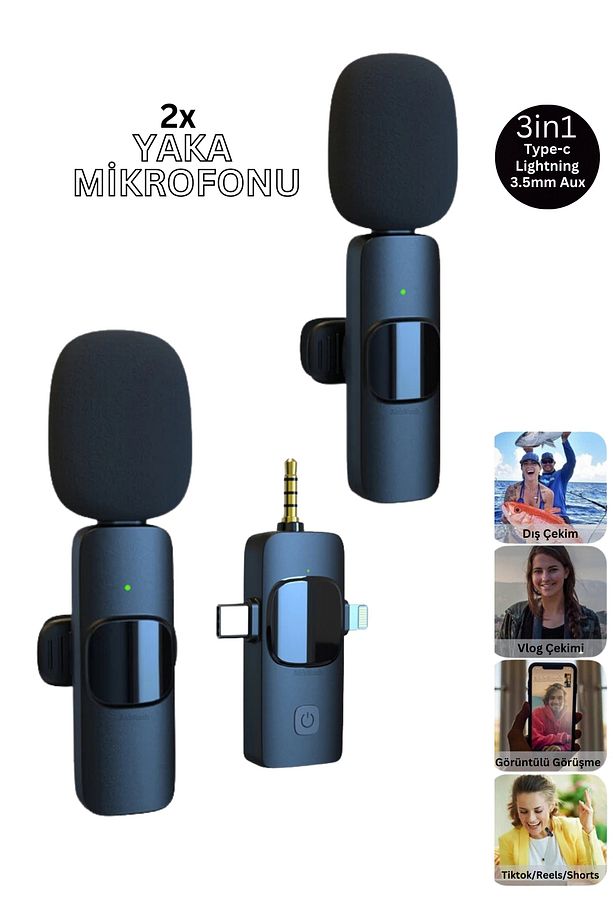 By Sabron 2 Adet Kablosuz Yaka Mikrofonu 3in1 Type-c, Lightning, 3.5mm Aux 2'li Mikrofon Youtube - 1