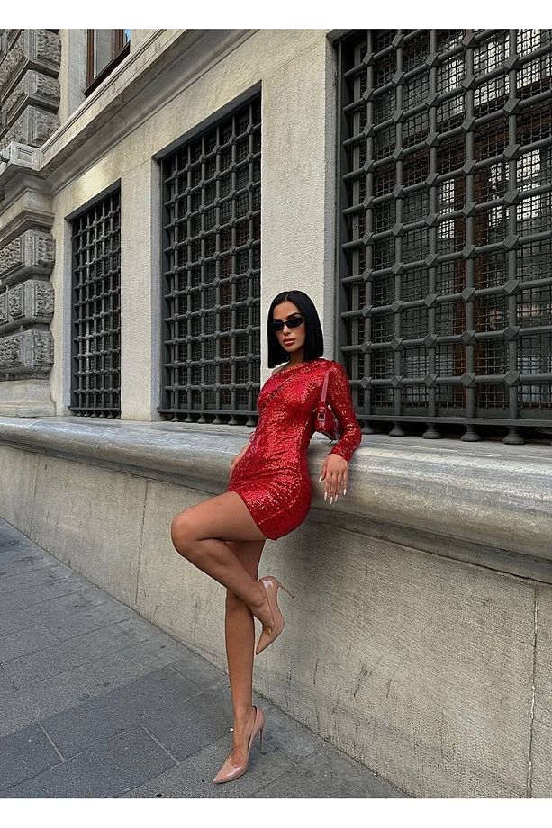 Tek Kol Göğüs Dekolteli Pul Payet Mini Elbise - 6