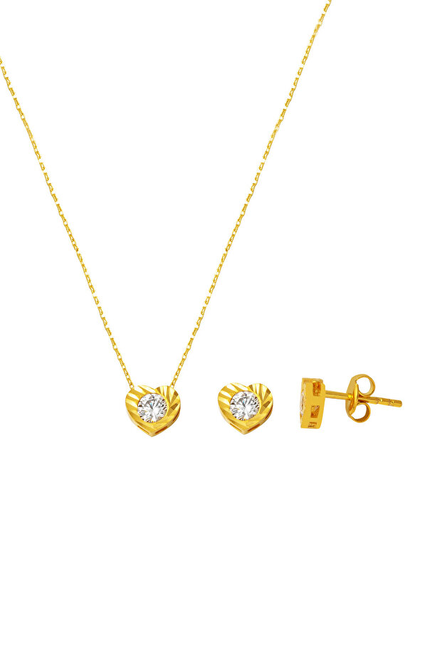 Kalp Tek Taşlı 22 Ayar Altın Takı Seti - 1