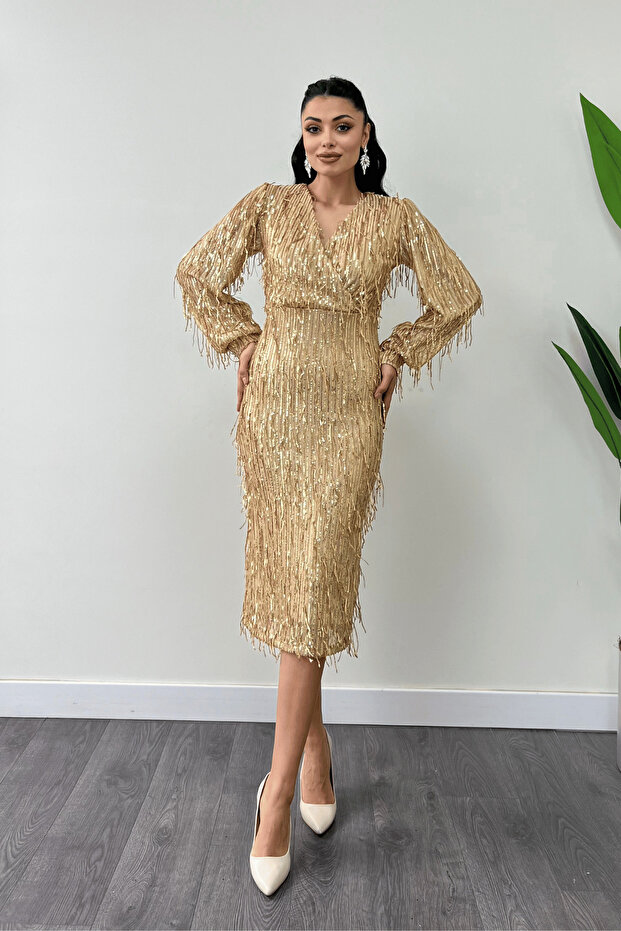 Fringed sequin fabric pencil dress - gold