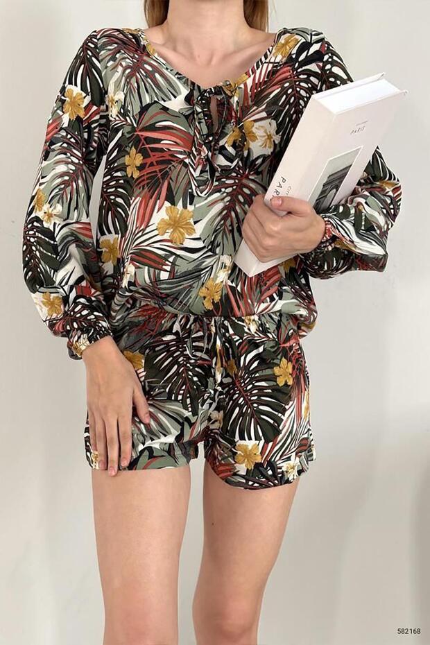 Multicolored Leaf Patterned Viscose Fabric Shorts Set - 6