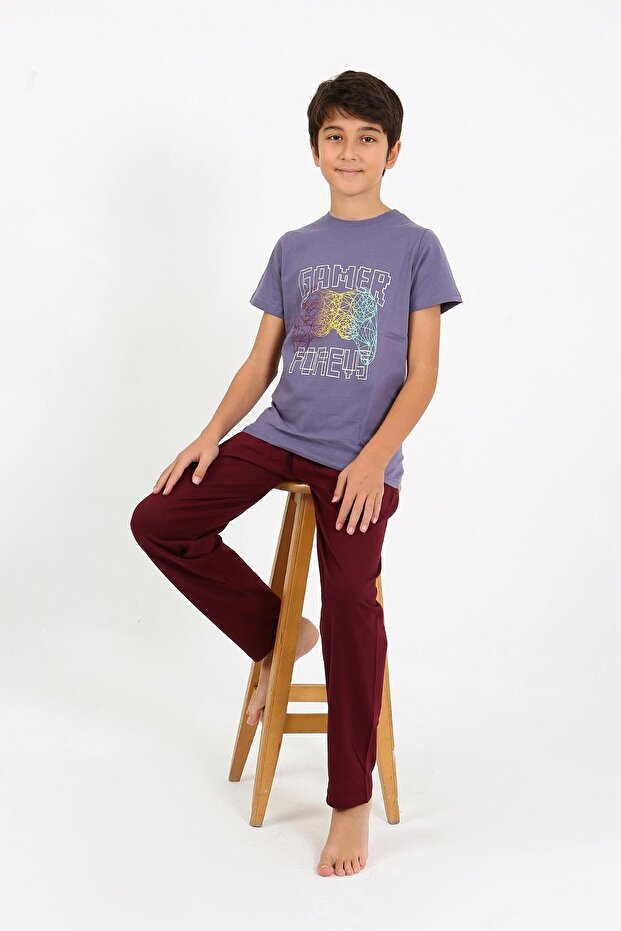 Boy's Short Sleeve Combed Cotton Pajama Suit 20758 Purple