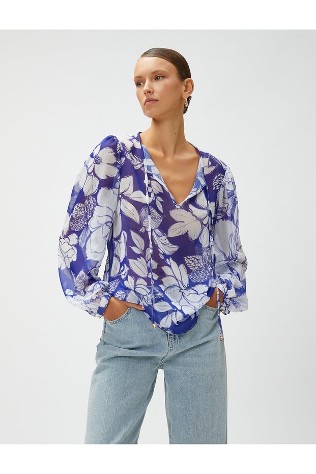 Chiffon Blouse Floral V-Neck