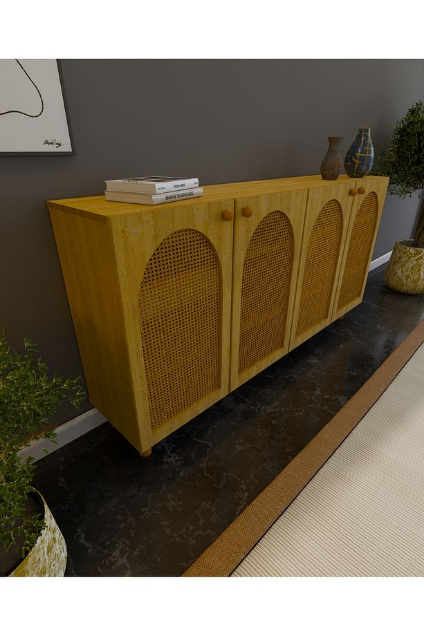 MDF Bohem Konsol-(Mdf 4 Kapaklı Hazeranlı)-(Ahşap Desenli)-(180 Cm Genişlik)-(Yuvarlak Ayaklı) - 3