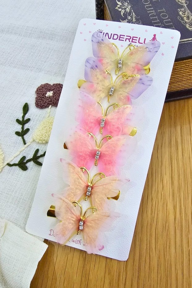 Set of 6 Special Series Tulle Winged Rhinestone Butterfly Hairpins 5cm - Moving Color Butterfly Collet Hair Clip