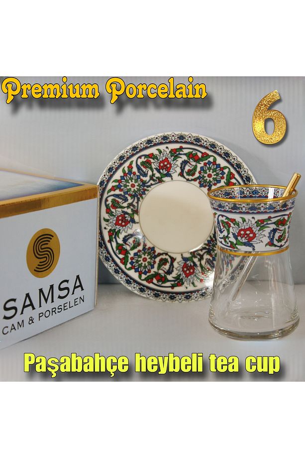 Heybeli Altın Bitkisel Desenli Çini Motifli Porselen Tabak, Cam Bardak 6 Kişilik Çay Seti - 8