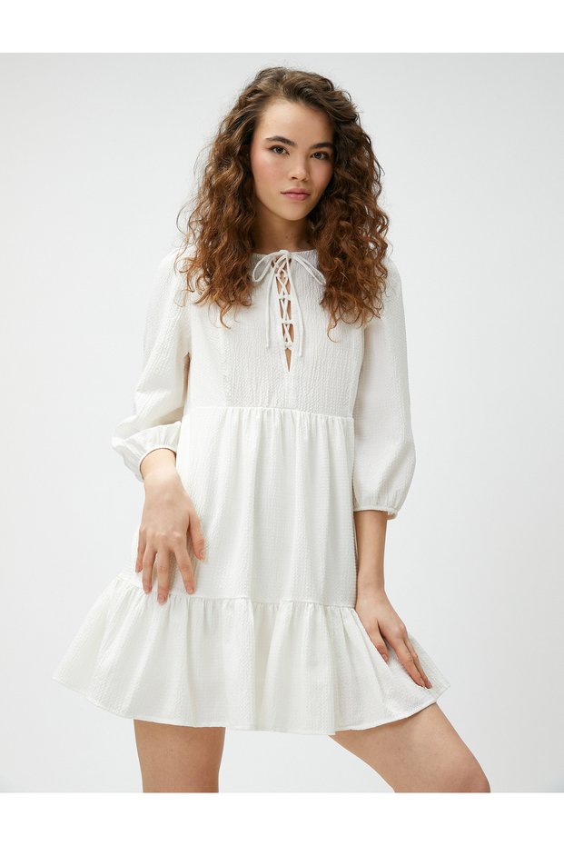 Long Sleeve Dress Lacing Detailed Flounced Viscose Mixed Bow Detail