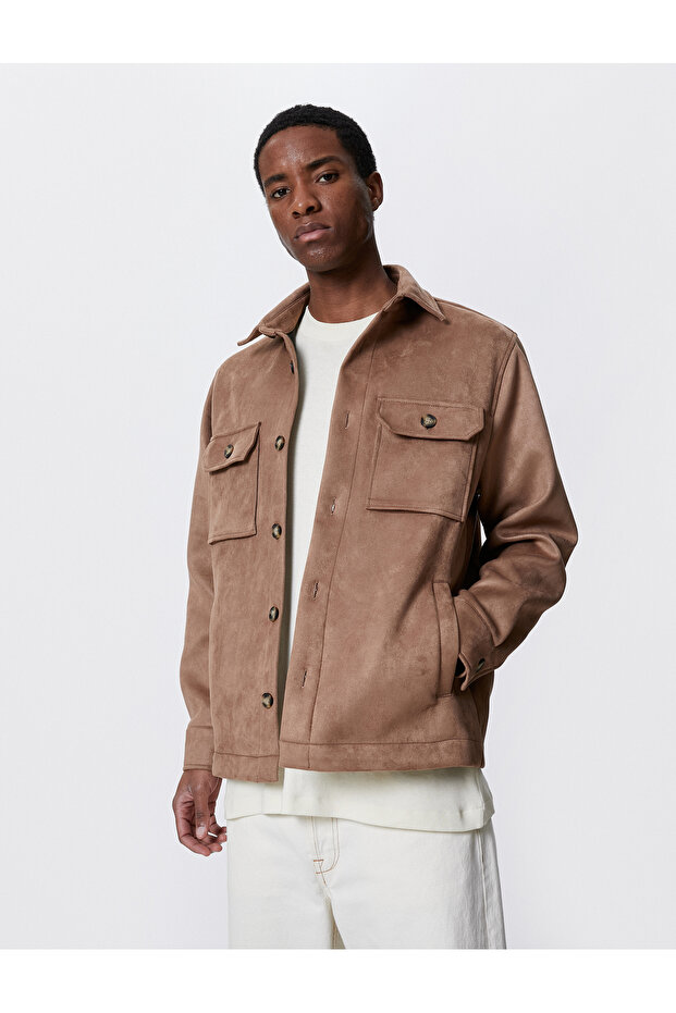 Suede Look Jacket Pocket Detailed Shirt Collar Buttoned