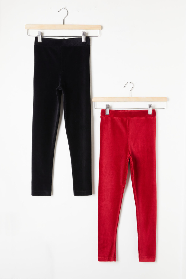 Girl's Ribbed 2-Piece Velvet Tights Black-Red 20065
