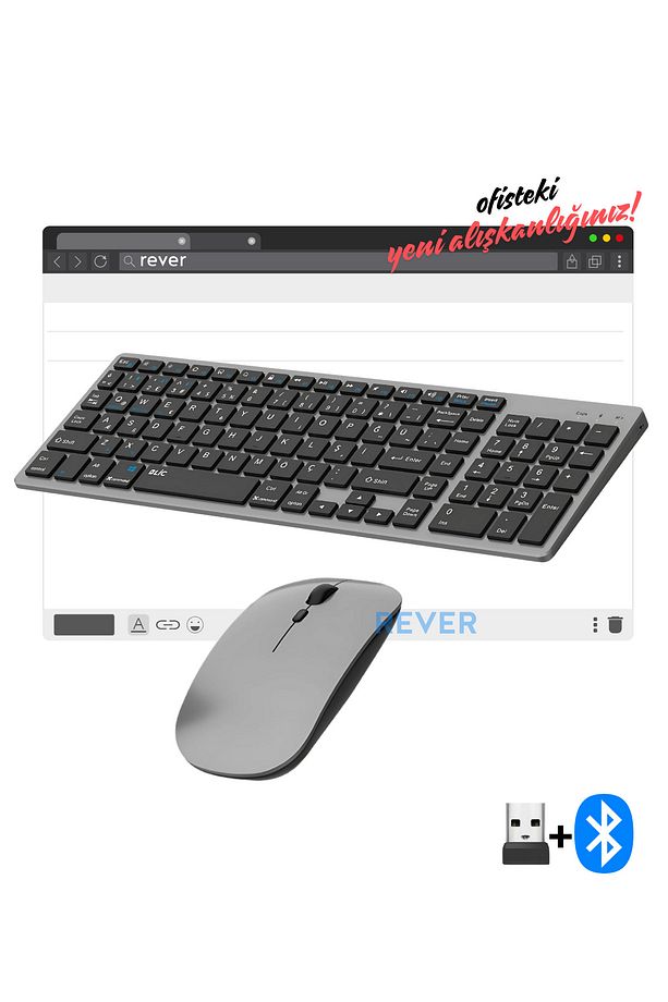 Şarj Edilebilir Kablosuz Klavye Mouse Set Bluetooth + USB Alıcı Bağlantı - 1