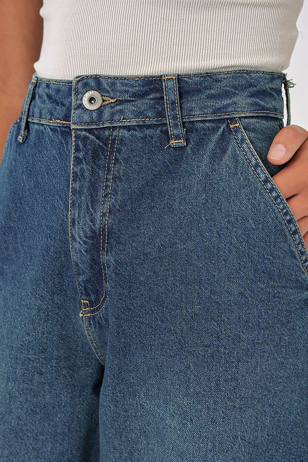 6688 Kadın Yüksek Bel Baggy Kot Pantolon - İndigo - 5