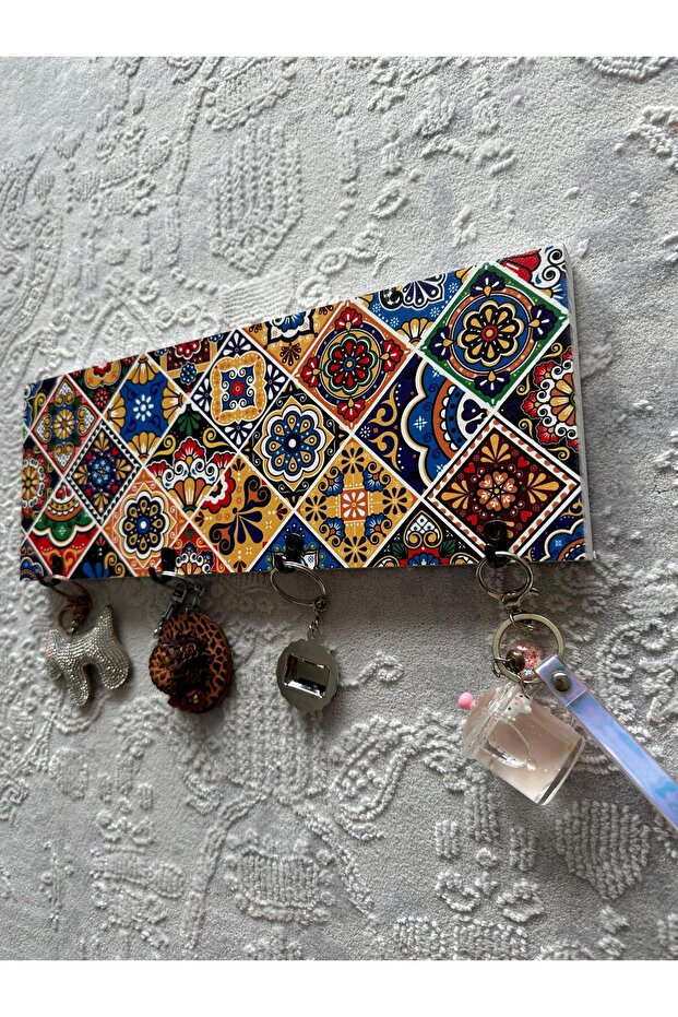 Natural Bohemian Wood Keychain with Tile Pattern