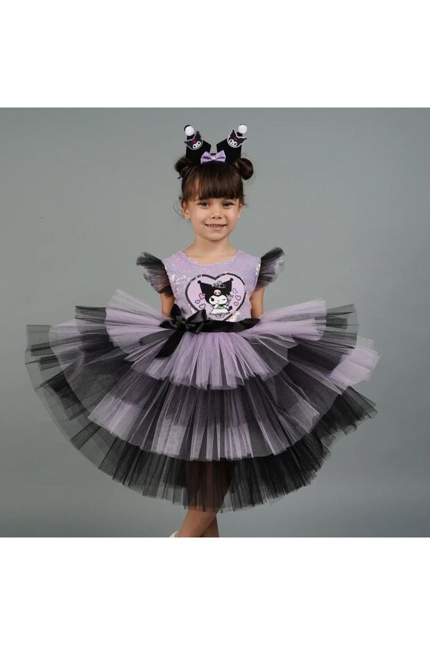 Girls' Kuromi Dress with Sequin Embroidery, Kuromi Birthday Dress