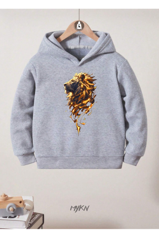 Cotton Special Design Aslan Printed Gray Children's Sweatshirt Hoodie
